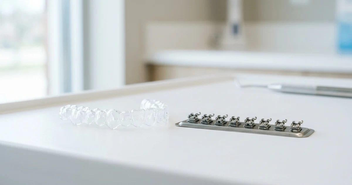 Adult patient smiling with clear orthodontic aligners on straightening teeth