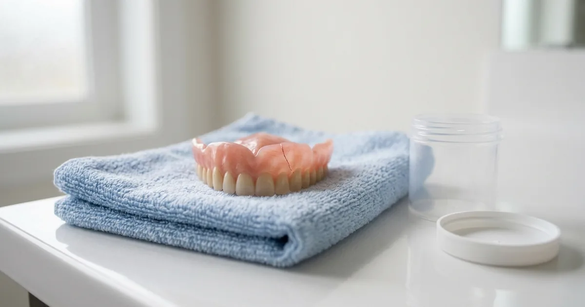 A cracked upper denture placed safely in a small container on a bathroom counter, showing how to keep a broken denture until it can be repaired.