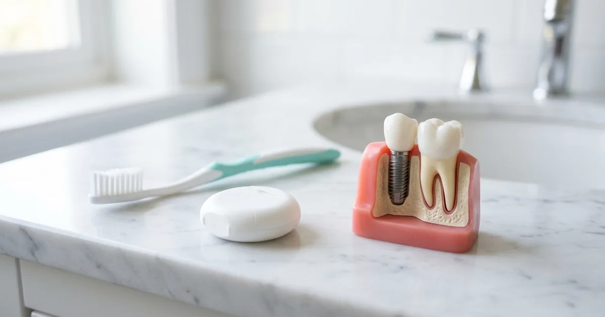 Hands cleaning around a dental implant with floss and a small interdental brush
