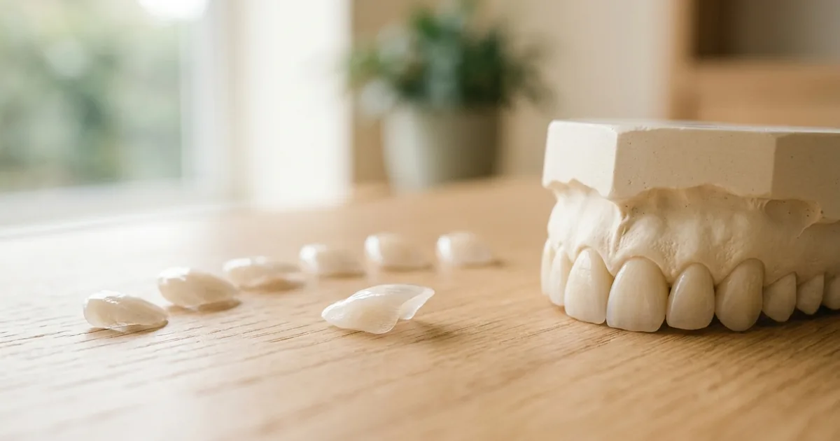 Thin porcelain veneer shells next to natural front teeth for comparison
