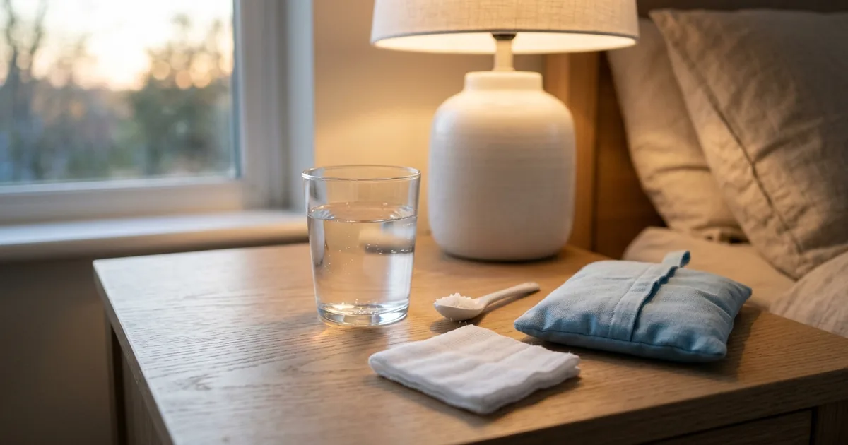 A glass of salt water, folded gauze and a soft ice pack on a bedside table, the simple comfort items used while a tooth extraction site heals.