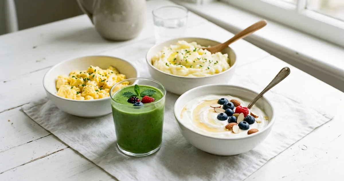 Soft healing-stage meal arranged for a patient recovering from All-on-4 implants