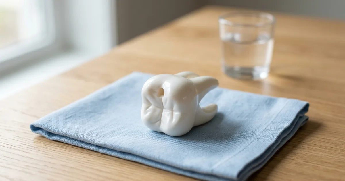 A white molar model with a small open cavity on a folded blue cloth, showing what a tooth looks like after a filling falls out.