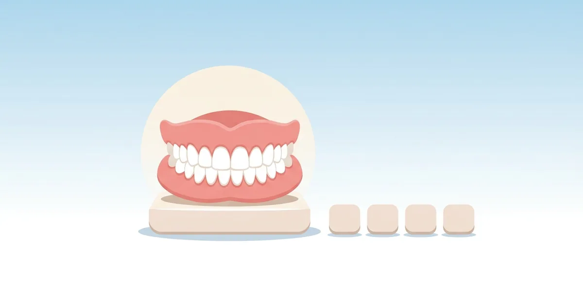 Flat illustration of a new set of dentures on a stand next to four blank week squares, representing the weeks it takes to get used to dentures.