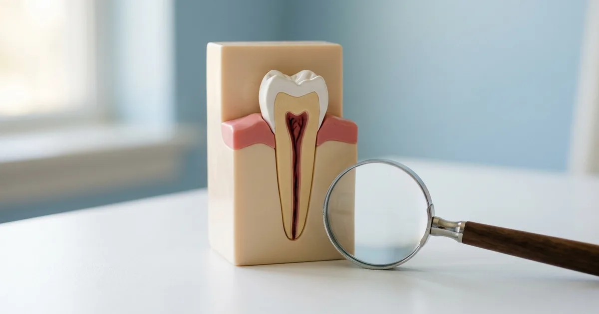 A cross-section tooth model showing the root and gum layer beside a magnifying glass, illustrating where a gum boil forms above a tooth.