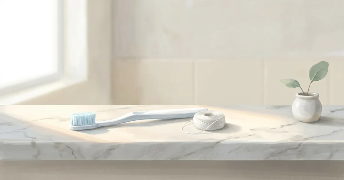 Illustration of a toothbrush and a spool of dental floss on a bathroom shelf, for a guide on what to do when gums bleed while flossing.