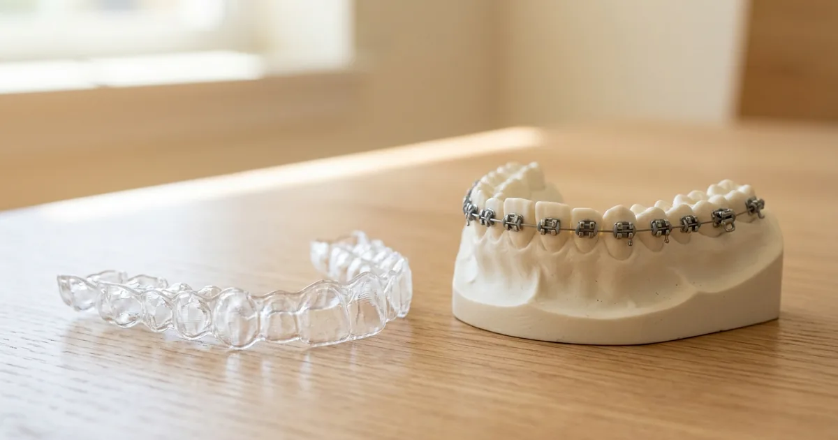 Clear aligner tray beside traditional metal braces on a model of teeth
