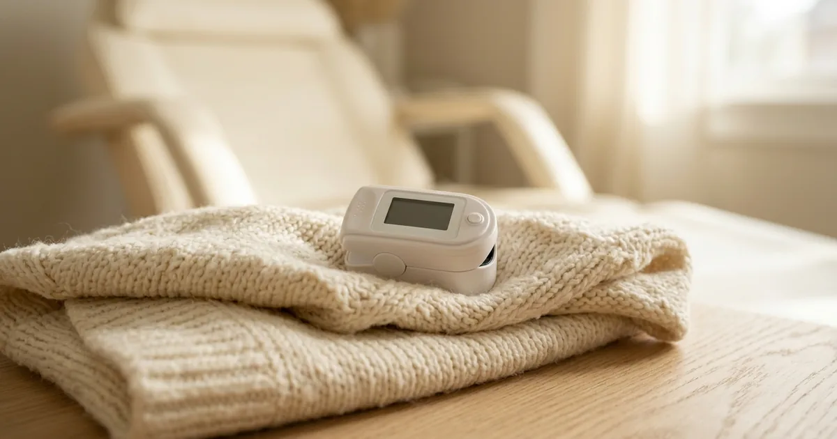 Pulse oximeter on a folded blanket, used to monitor patients during sedation