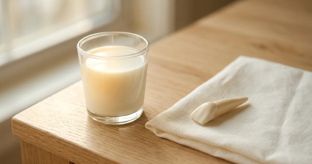 Glass of milk beside a knocked out front tooth on a clean cloth