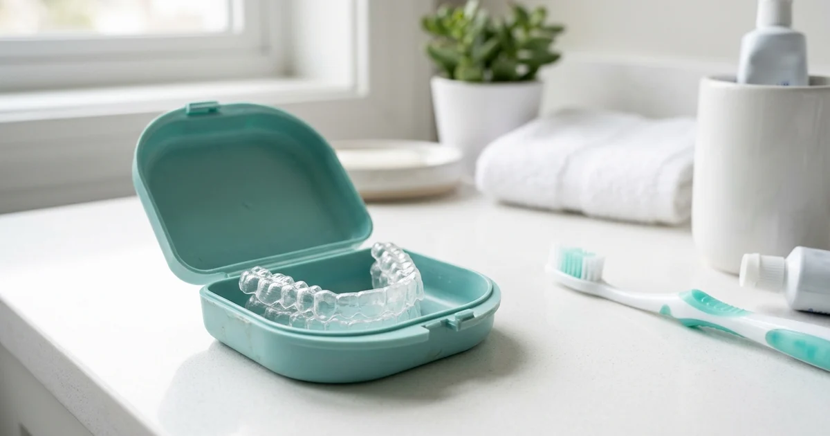 Clear orthodontic retainer held beside straightened teeth after braces treatment