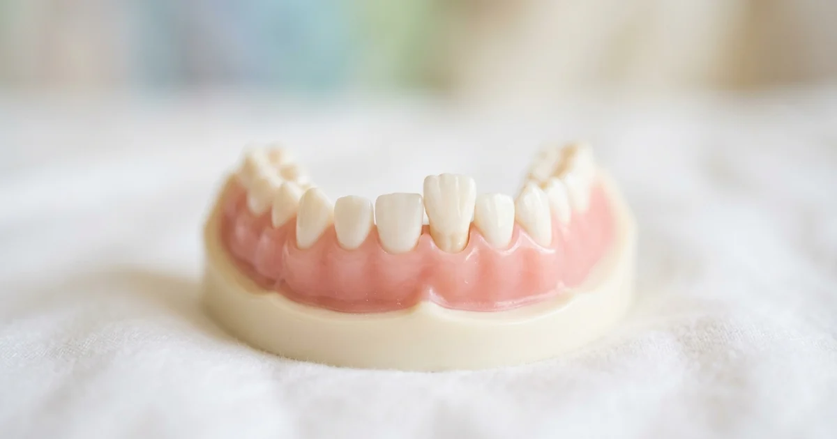 Child's lower front showing a permanent tooth erupting behind a baby tooth