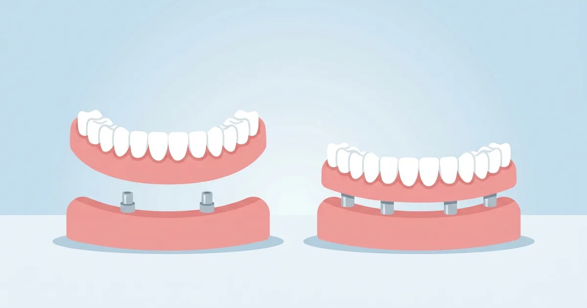 Flat illustration comparing a snap-in denture lifting off two implants with a fixed set of implant teeth on four implants.
