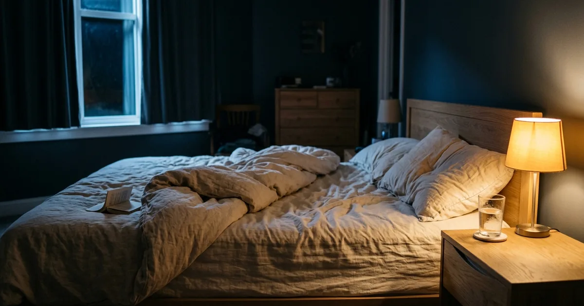 Bedside lamp lit in a dark bedroom during a night of severe tooth pain
