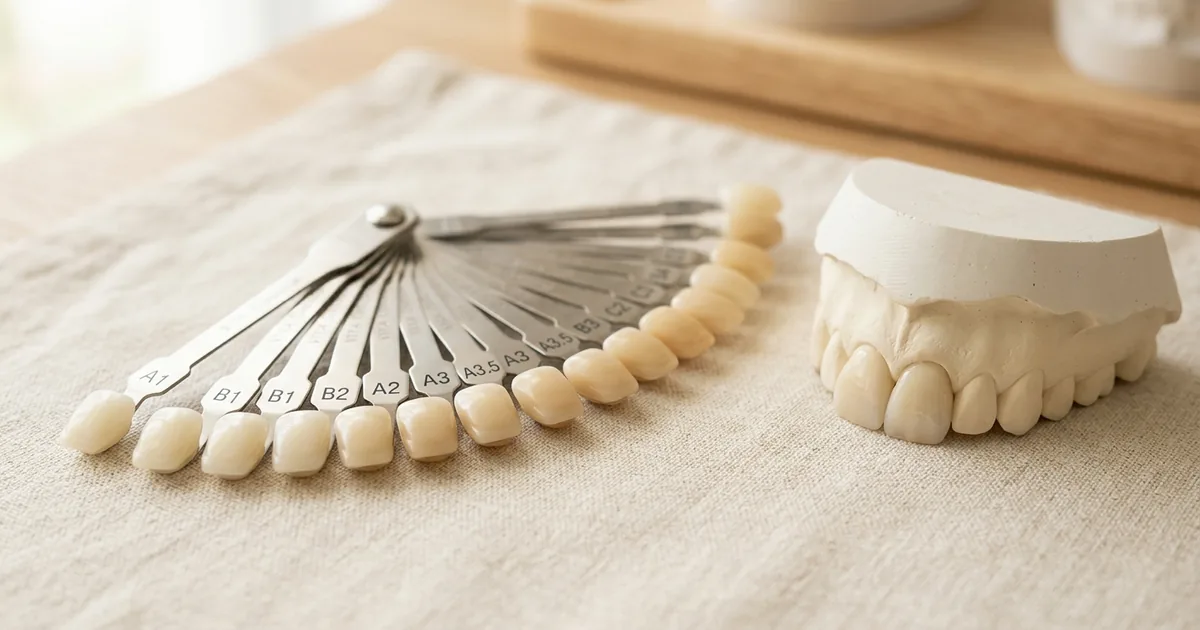 Composite shade guide beside a dental model for matching a bonding repair