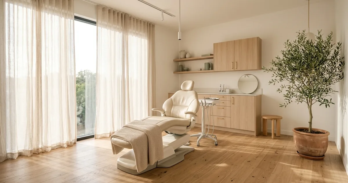 Calm treatment room with a blanket over the chair before a procedure